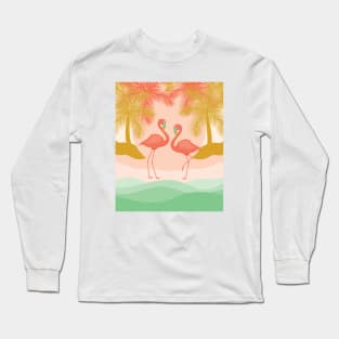 Boho illustration with Flamingos chilling out on the beach surrounded by palm trees. Long Sleeve T-Shirt